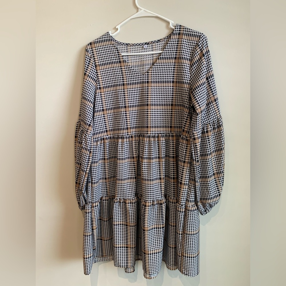 Plaid houndstooth long sleeve dress